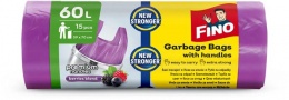 Szemeteszsák, köthető füles, illatosított, 60 l, 15 db, 59x70 cm, 16 µ, FINO "Premium handles", lila